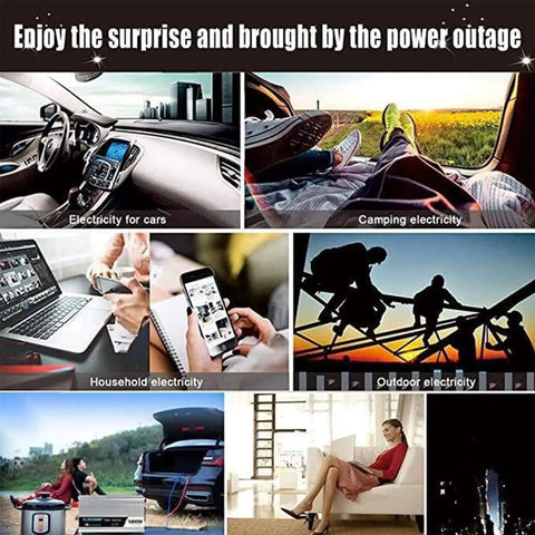 Heavy Duty 6000W Pure Sine Wave Inverter DC To AC Converter shown powering car, camping, and household devices for versatile use.