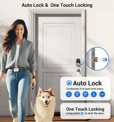 Top Shelf Fingerprint Smart Deadbolt Paired With Two Smooth Passage Knobs Offering No Fuss App Controlled Keyless Entry Security Solid Satin Nickel Hardware For Front Doors