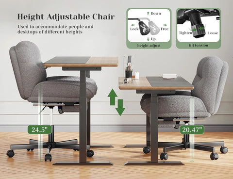 Cross Legged Desk Chair With Foot Rest, Cozy Teddy Plush Upholstery, height adjustable with wheels, grey, side by side