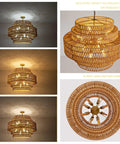 Epic Large Gold Boho Rattan Chandelier With 8 Lights, handwoven design highlighting adjustable height and detailed craftsmanship.