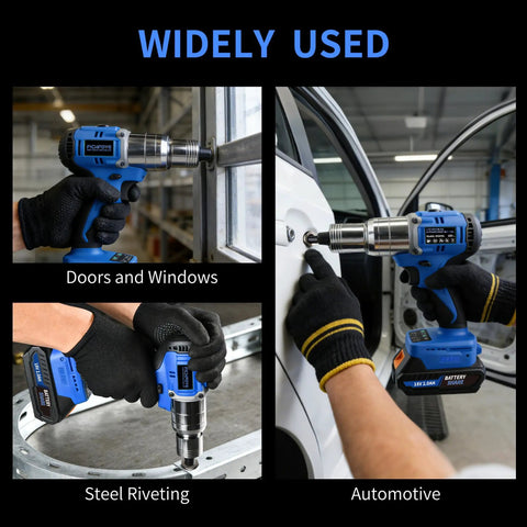 Fichfoye Cordless Rivet Nut Gun With Brushless Motor Provides 5000 Lbf Of Force For Fast Automated Riveting used on windows and cars.