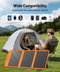 Two campers with 30W Portable Foldable Solar Panel Charger With USB A And USB C Fast Charging for iPhone iPad Samsung in outdoor tent setup.