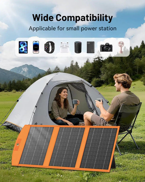 Two campers with 30W Portable Foldable Solar Panel Charger With USB A And USB C Fast Charging for iPhone iPad Samsung in outdoor tent setup.