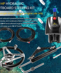 150HP Hydraulic Steering Kit With Wheel For Single Engine Boats Complete Marine System With Built In Two Way Lock Cylinder 26Ft Hoses And Pump Included For Pontoon Deck Runabout And Fishing Boats displayed with components.