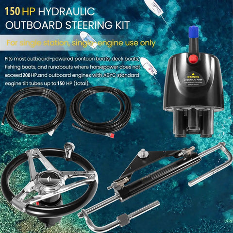 150HP Hydraulic Steering Kit With Wheel For Single Engine Boats Complete Marine System With Built In Two Way Lock Cylinder 26Ft Hoses And Pump Included For Pontoon Deck Runabout And Fishing Boats displayed with components.
