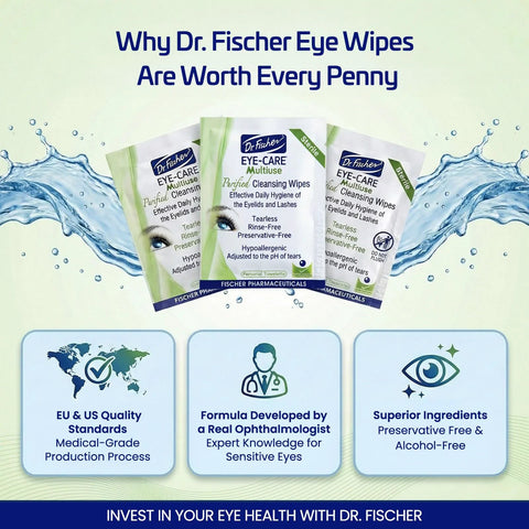 Front view of three Dr. Fischer Eyelid Wipes eye-care cleansing wipe pouches with blue logo and green accents.