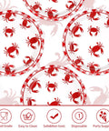 Heavy Duty 50 Pack Crab Boil Paper Plates 9 Inch Round Disposable Dinnerware featuring red crab designs, perfect for summer cookouts.