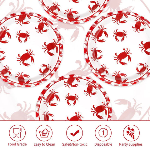 Heavy Duty 50 Pack Crab Boil Paper Plates 9 Inch Round Disposable Dinnerware featuring red crab designs, perfect for summer cookouts.