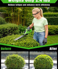 Woman using Cordless 2 In 1 Electric Hedge Trimmer with Dual Blades, 2000RPM Handheld Grass Cutter on shrub, before and after trimming