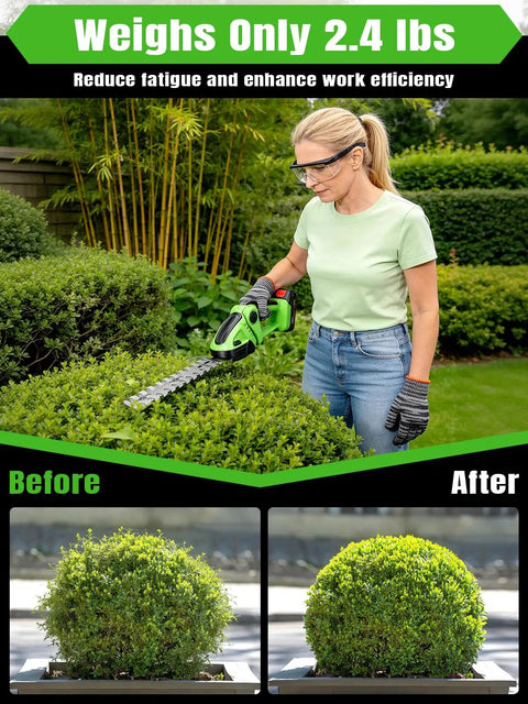 Woman using Cordless 2 In 1 Electric Hedge Trimmer with Dual Blades, 2000RPM Handheld Grass Cutter on shrub, before and after trimming