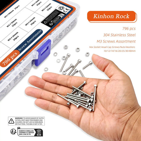 Ultimate 796 Piece M3 Screw Set With DIN912 Hex Socket Screws, 200 Nuts, 200 Lock Washers, And 200 Flat Washers For Pro DIY, Industrial Repairs, And Prototyping, 304 stainless steel M3 assortment in case