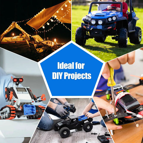 Collage of DIY projects featuring 24V Max Battery Adapter With Fuse Protected 14 Gauge Wiring for Power Wheels and upgrades.