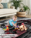 Locomotive Themed 3x4 Rug in living room with baby and dog playing, soft non-slip train engine area rug, washable indoor carpet