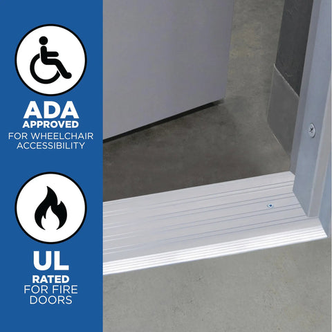 Heavy Duty Aluminum Commercial Door Threshold With Draft Protection And Easy Cut Install, Built To Last As A True Workhorse For High Traffic, Six Inch Wide By Half Inch Thick By Thirty Six Inch Long, Silver Finish shown with ADA compliance and UL rating.