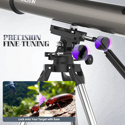 Close-up of 102mm Aperture Astronomy Telescope With 900mm Focal Length Dual Slow Motion Rods For Ultra Smooth Tracking mechanism