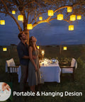 Couple under tree with hanging LED mood cube lights, 7 Inch LED Mood Cube Light Vibe With 16 RGBW Color Options Cordless Rechargeable Night Light