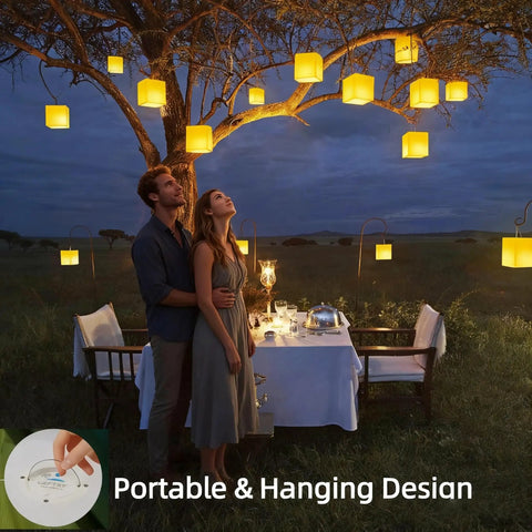 Couple under tree with hanging LED mood cube lights, 7 Inch LED Mood Cube Light Vibe With 16 RGBW Color Options Cordless Rechargeable Night Light