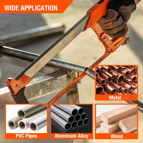 Frame Hack Saw With 12 Inch Blade for Gardeners and DIY Pros, dual angles, cutting metal pipe, nonslip grip, heavy duty steel frame