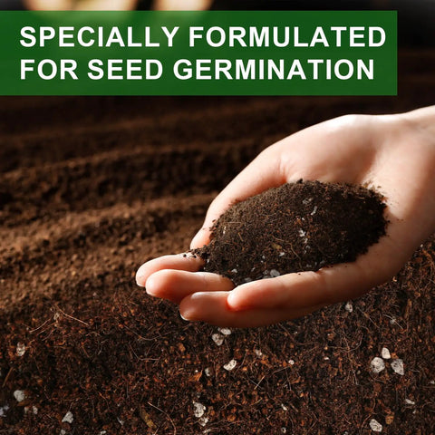 Hand holding Ready To Grow Seed Starter Soil Mix 1 Qt for Germination and Early Growth Loamy Well Drained Compost Blend with background