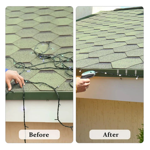 Before and after using Rugged Aluminum Roof And Gutter Deicing Cable Clips And Spacers Kit for heat tape installation on roof edge.