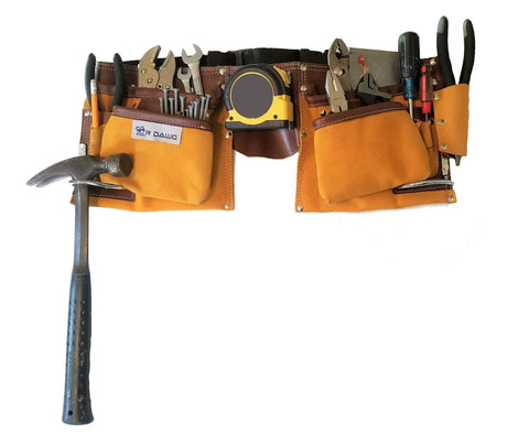 11 Pocket Suede Leather Heavy Duty Tool Belt Built Tough For Pros With Hammer Loops Measuring Tape Clip 4 Large Pouches