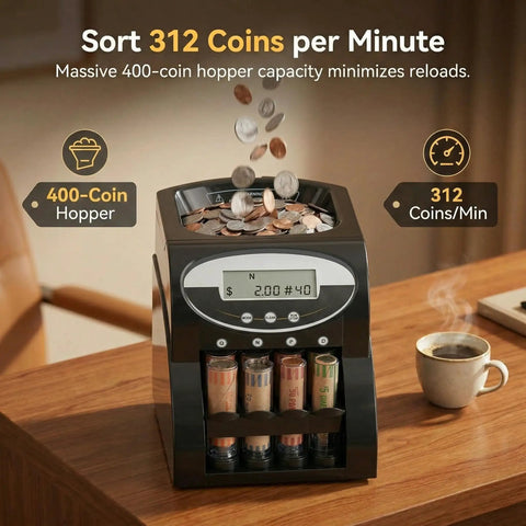 No Sweat Heavy Duty Coin Counter And Auto Wrapper Machine With Rapid 312 Coins Per Minute Pace and 400 Coin Hopper on table.