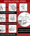 Installation steps for pedal cages showing adapter setup and adjustment for Pedal Cages For All Exercise Bikes With Stainless Hardware And Tool Free Sneaker Switching Peloton Compatible No More Shoe Swaps For Bootcamp Yoga Flow Family Rides And Quick Transitions