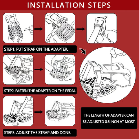 Installation steps for pedal cages showing adapter setup and adjustment for Pedal Cages For All Exercise Bikes With Stainless Hardware And Tool Free Sneaker Switching Peloton Compatible No More Shoe Swaps For Bootcamp Yoga Flow Family Rides And Quick Transitions