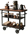 Smooth Rolling Three Tier Bar Cart With Sturdy Handle And Mobile Kitchen Microwave Rolling Stand With Chic Industrial Beverage Serving Design In Rustic Brown Metal And Wood, showcasing coffee accessories.
