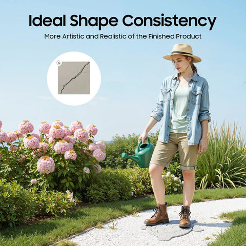 Woman using Reusable Turtle Shaped Concrete Stepping Stone Mold for DIY Garden Pathways in a floral garden setting