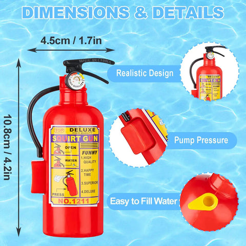 Image showing dimensions of Twelve Piece Haul Of Realistic Mini Fire Extinguisher Water Squirt Guns For Kids, 10.8cm, red plastic design.
