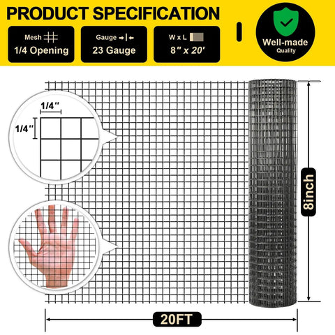 Heavy Duty Black Hardware Cloth Roll PVC Vinyl Coated Galvanized Steel Wire Mesh One Quarter Inch 23 Gauge Size with product specifications.