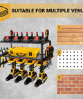 Heavy Duty Power Tool Organizer Wall Mount Shelf With Three Layers Iron Build 160 Lb Capacity Cordless Drill Hanger, mounted with tools and drills in garage setting.