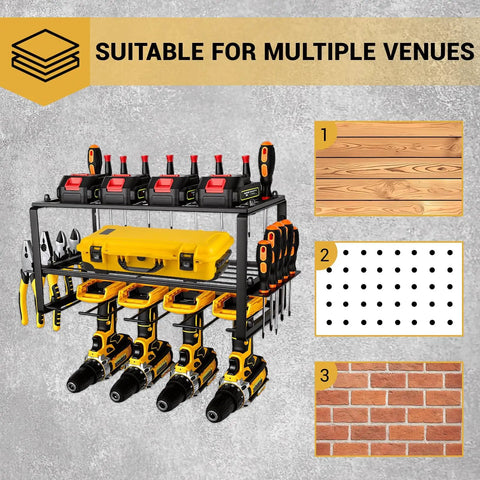 Heavy Duty Power Tool Organizer Wall Mount Shelf With Three Layers Iron Build 160 Lb Capacity Cordless Drill Hanger, mounted with tools and drills in garage setting.