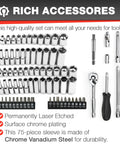 75 Piece One Quarter Inch Drive Impact Socket Set With Ratchet Extensions And Universal Joint Pro Grade Quality For Home DIY And Shop Use Deep And Shallow SAE And Metric Sockets From Four To Fourteen Millimeters And Five Thirty Second To Nine Sixteenth displayed with chrome tools.