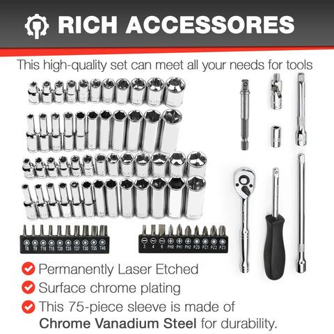 75 Piece One Quarter Inch Drive Impact Socket Set With Ratchet Extensions And Universal Joint Pro Grade Quality For Home DIY And Shop Use Deep And Shallow SAE And Metric Sockets From Four To Fourteen Millimeters And Five Thirty Second To Nine Sixteenth displayed with chrome tools.