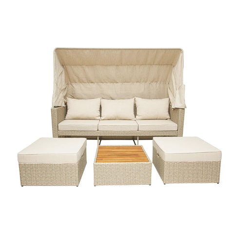 Top Shelf Wicker Patio Couch With Cabana Canopy And Ottoman Set Featuring Three Seat Bench Plus Coffee Table For Chill Backyard Hangouts With Zero Stress