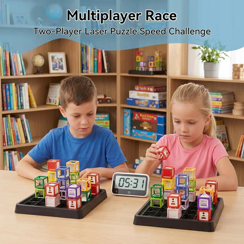 Children playing Laser Maze STEM Logic Toy For Kids Ages 8 To 13, 60 Plus Challenges Puzzle Games at a table with timer.