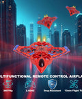 Beginner Friendly Remote Control Airplane With LED Lights, 360 Degree Flips flying in cityscape at night