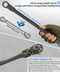 Extra Long Flex Head Ratcheting Wrench Set Six Piece Metric 8-19mm With Double Box End 180 Degree Flex Head CR-V Steel For Tight Engine Bays with glove for grip displayed