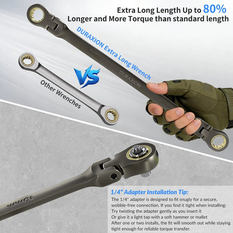 Extra Long Flex Head Ratcheting Wrench Set Six Piece Metric 8-19mm With Double Box End 180 Degree Flex Head CR-V Steel For Tight Engine Bays with glove for grip displayed