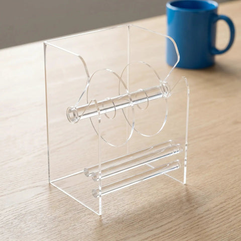 Acrylic Label Dispenser With Adjustable Three Slots For Shipping And Fast Paced One Hand Loading For Printing Shops DIY Areas And Busy Ecommerce Workflows A Reliable Label Roll Holder And Tape Storage Solution, clear acrylic front view
