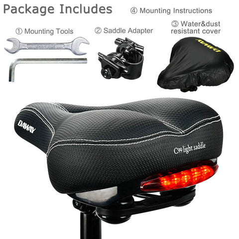 C99 Memory Foam Bike Seat Saddle With Taillight Waterproof Wide Leather Cushion including tools, adapter, cover, instructions
