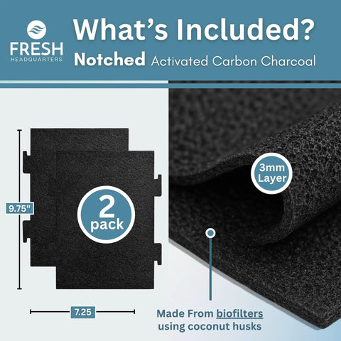 Close-up of notched activated carbon charcoal filter, 9.75x7.25in, made from biofilters, 2 pack, 3mm layer shown.