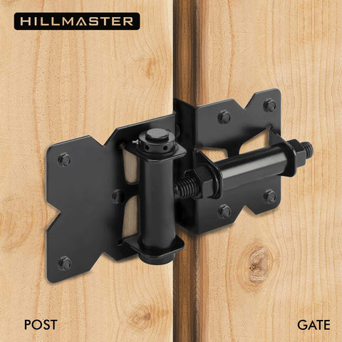 Two Pack Self Closing Gate Hinges For Wood And Vinyl Fences Heavy Duty Gate Closers shown on wooden gate, black finish, side view