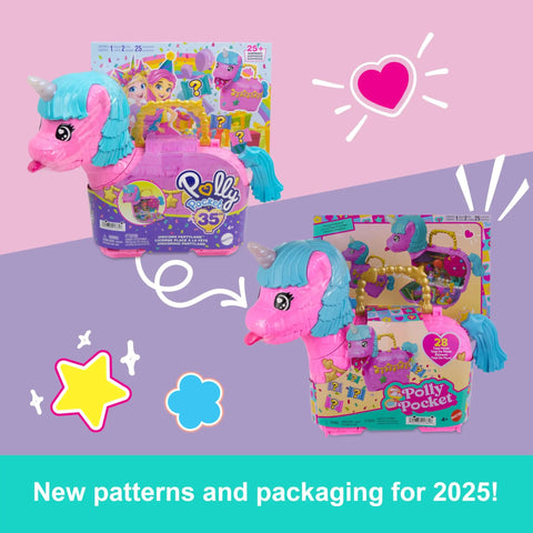 Unicorn Partyland Playset With Pocket Dolls And Pets, 25 Plus Surprise Accessories packaging 2025, featuring unicorn design.