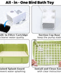 Indoor Bird Bath With Pump For Parakeets And Small To Medium Birds showing filter, suction cup, splash guard, and green bath station.