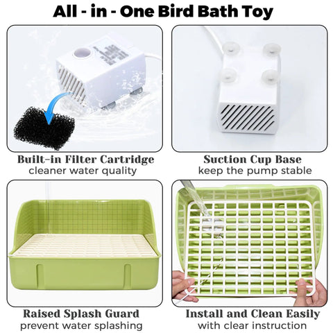 Indoor Bird Bath With Pump For Parakeets And Small To Medium Birds showing filter, suction cup, splash guard, and green bath station.