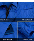 Badass Men's Premium Pure Cotton Long Sleeve Utility Work Shirt With Heavy Duty Pockets For The Daily Grind And Trade Swag Custom Logo And Text Print Available close-up showing smooth zipper, chest pocket, side pocket, and button cuff details.
