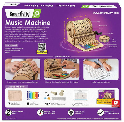 DIY Music Machine Kit For Kids Ages 8 To 14 A Fun Kid Approved Hands On Build It Yourself Musical Toy That Plays Melodies Includes Step By Step Guide Easy To Assemble And Great For Boys And Girls For Hours Of Creative Play. Purple Smartivity Music Machine box with wooden xylophone parts
